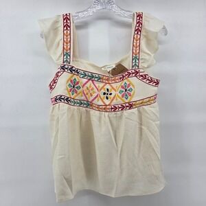 Blu Pepper Top Large Cream Embroidered Boho Cute Western Summer New